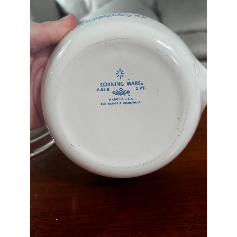 Corning Ware Saucepan P-81-B 1 Pt White Blue Cornflower Floral with chipped Lid